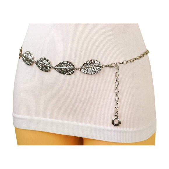 Women Silver Metal Chain Wrap Around Fashion Belt Leaf Charms Adjustable Fit S M main image 6